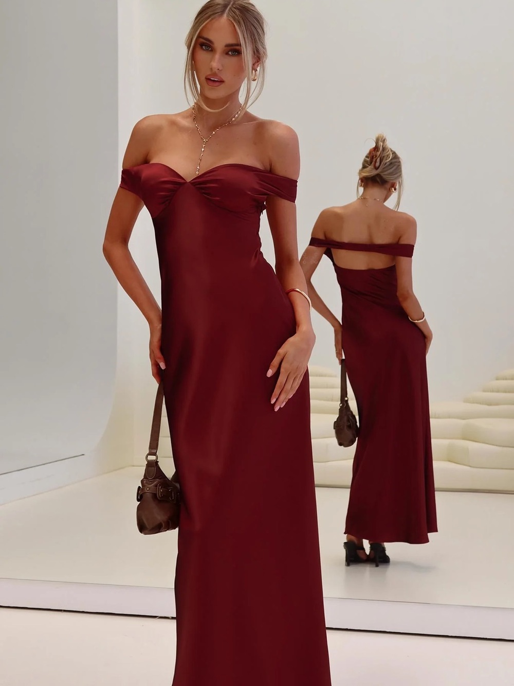 Princess Polly Off-Shoulder Burgundy Evening Gown
